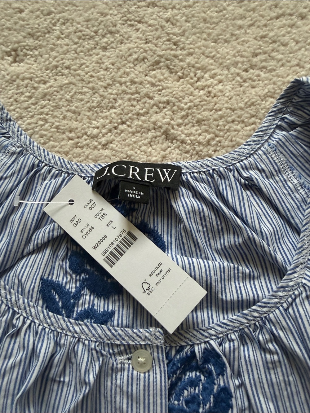 J. Crew Light Blue Striped Blouse with Navy Floral Embroidery - Picture 2 of 3